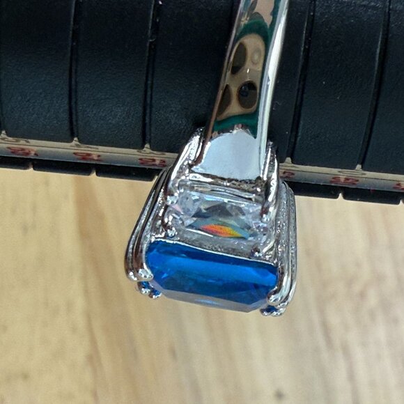 Silver Tone Cocktail Ring With Blue Emerald-Cut Center & Clear Side Size 10 - Picture 11 of 16